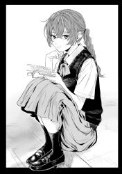 Rule 34 | 1girl, black border, book, border, braid, braided ponytail, expressionless, greyscale, highres, holding, holding book, inkdaisuki, knees to chest, loafers, long skirt, looking at viewer, monochrome, neckerchief, open book, original, outside border, reading, shirt, shoes, short sleeves, sitting, skirt, socks, solo, vest, wing collar