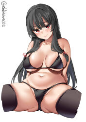 Rule 34 | 1girl, bikini, black bikini, black hair, blush, breasts, closed mouth, collarbone, cropped legs, ebifurya, highres, isokaze (kancolle), kantai collection, large breasts, long hair, looking at viewer, navel, one-hour drawing challenge, red eyes, sidelocks, simple background, skindentation, smile, solo, swimsuit, thighhighs, twitter username, underboob, white background