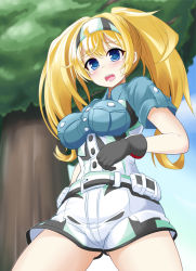 Rule 34 | 1girl, belt, black gloves, blonde hair, blue eyes, blue shirt, breast pocket, breasts, collared shirt, cowboy shot, from below, gambier bay (kancolle), gloves, hairband, ichimi, kantai collection, large breasts, long hair, looking at viewer, multicolored hairband, open mouth, pocket, shirt, short sleeves, shorts, solo, tree, twintails