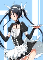 Rule 34 | 1girl, apron, back bow, black dress, black hair, blush, bow, clothes lift, commentary request, detached collar, detached sleeves, dress, dress lift, flat chest, garter belt, hair between eyes, hair bow, highres, holding, holding plate, long hair, looking at viewer, ore twintail ni narimasu, plate, red eyes, short sleeves, sidelocks, smile, solo, swept bangs, tsube aika, twintails, waist apron, white bow, yuto (dialique)