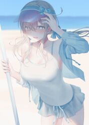 Rule 34 | 1girl, absurdres, beach, blonde hair, blue bow, blue eyes, blue jacket, blue ribbon, blue skirt, blurry, blurry background, blush, bow, breasts, camisole, cleavage, collarbone, commentary request, hair bow, hand on headwear, hat, highres, holding, holding stick, horizon, jacket, large breasts, long hair, long sleeves, ocean, open mouth, original, outdoors, ribbon, skirt, solo, star-shaped pupils, star (symbol), stick, symbol-shaped pupils, unusa, visor cap, white camisole