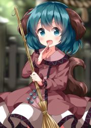 Rule 34 | 1girl, :d, animal ears, bamboo broom, blurry, blurry background, blush, broom, cowboy shot, depth of field, dog ears, dress, green hair, hair between eyes, happy, highres, holding, holding broom, kasodani kyouko, long sleeves, looking at viewer, open mouth, outdoors, ruu (tksymkw), smile, solo, tail, touhou