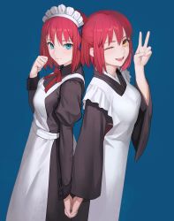 Rule 34 | 2girls, ;d, absurdres, apron, back-to-back, black dress, black kimono, blue background, blue bow, blue eyes, blush, bow, closed mouth, commentary, dress, drid, hair bow, half updo, highres, hisui (tsukihime), holding hands, japanese clothes, juliet sleeves, kimono, kohaku (tsukihime), long sleeves, looking at viewer, maid, maid apron, maid headdress, mixed maids, multiple girls, neck ribbon, one eye closed, open mouth, puffy sleeves, red hair, red ribbon, ribbon, short hair, siblings, simple background, sisters, smile, teeth, tsukihime, twins, upper teeth only, v, wa maid, white apron, wide sleeves, yellow eyes