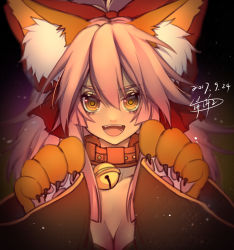 Rule 34 | 1girl, absurdres, animal ears, animal hands, bell, bingbing (hrppbb), breasts, cleavage, collar, collarbone, colored pencil (medium), dated, fate/grand order, fate (series), fox ears, graphite (medium), hair ribbon, highres, japanese clothes, large breasts, long hair, looking at viewer, neck bell, open mouth, pink hair, ribbon, signature, solo, tamamo (fate), tamamo cat (fate), tamamo no mae (fate/extra), traditional media, yellow eyes