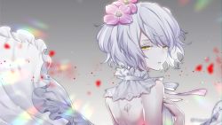 Rule 34 | 1girl, artist name, bare shoulders, colored eyelashes, commentary, flower, gradient background, grey background, hair between eyes, hair flower, hair ornament, highres, kudou chitose, looking at viewer, looking back, nijisanji, parted lips, pink flower, ribbon, short hair, sleeveless, solo, takamiya ren, tattoo, upper body, virtual youtuber, watermark, wavy hair, white hair, yellow eyes