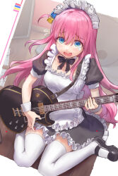 Rule 34 | 1girl, @ @, alternate costume, apron, athenawyrm, black dress, black footwear, blue eyes, blush, bocchi the rock!, commentary, cube hair ornament, dress, electric guitar, english commentary, enmaided, frilled dress, frills, gotoh hitori, guitar, hair between eyes, hair ornament, highres, holding, holding instrument, instrument, long hair, maid, maid apron, maid headdress, one side up, open mouth, pink hair, puffy short sleeves, puffy sleeves, shoes, short sleeves, solo, thighhighs, white apron, white thighhighs