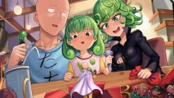 Rule 34 | 1boy, 2girls, absurdres, action figure, bald, black dress, blush, breasts, dress, family, father and daughter, green hair, highres, if they mated, mcdonald&#039;s, mother and daughter, multiple girls, one-punch man, open mouth, petite, rkrk12, saitama (one-punch man), small breasts, tatsumaki