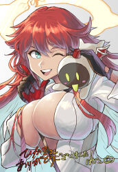 Rule 34 | 1girl, black gloves, bodysuit, breasts, bursting breasts, chikoinochi, cleavage, covered erect nipples, gloves, green eyes, guilty gear, guilty gear strive, hair between eyes, highres, impossible clothes, jack-o&#039; valentine, large breasts, long hair, multicolored hair, no bra, one eye closed, open clothes, red eyes, sagging breasts, skin tight, teeth, translation request, two-tone hair, upper teeth only, white bodysuit