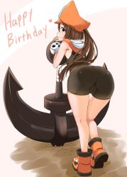 Rule 34 | 1girl, anchor, ankle boots, ass, bent over, bike shorts, black shorts, blush, boots, breasts, brown eyes, brown hair, cameltoe, fingerless gloves, from behind, full body, gloves, guilty gear, happy birthday, hat, huge weapon, long hair, looking at viewer, looking back, may (guilty gear), orange hat, orange shirt, pirate, pirate hat, poncocchan, shiny skin, shirt, shorts, skin tight, skull and crossbones, sleeveless, small breasts, smile, solo, standing, weapon