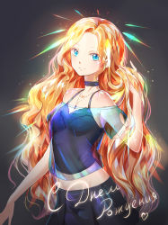 Rule 34 | 1girl, blonde hair, blue eyes, camisole, choker, cowboy shot, eyes visible through hair, highres, jewelry, kaminary, long hair, looking at viewer, midriff, necklace, original, see-through, simple background, skirt, solo, standing