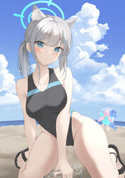 Rule 34 | 2girls, absurdres, animal ear fluff, animal ears, black one-piece swimsuit, blue archive, blue eyes, blue sky, bottle, breasts, cloud, competition swimsuit, cross hair ornament, day, extra ears, full body, grey hair, hair ornament, halo, highres, hoshino (blue archive), hoshino (swimsuit) (blue archive), inflatable dolphin, inflatable toy, kneeling, laliru, low ponytail, medium breasts, medium hair, mismatched pupils, multicolored clothes, multicolored swimsuit, multiple girls, official alternate costume, one-piece swimsuit, outdoors, sandals, shiroko (blue archive), shiroko (swimsuit) (blue archive), sky, solo focus, swimsuit, wolf ears