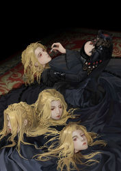 Rule 34 | 1girl, angel, black dress, blonde hair, carpet, chinese commentary, commentary request, dress, headless, hidden eyes, highres, holding, indoors, jewelry, lipstick, long dress, long sleeves, looking at another, looking at viewer, looking to the side, lord of the mysteries, makeup, multiple heads, necklace, red carpet, red eyes, reinette tinekerr, solo, yinyoushirenmaotouying