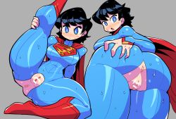 Rule 34 | 1girl, :o, absurdres, anus, ass, ass grab, bar censor, black hair, blue bodysuit, blue eyes, blush, blush stickers, bodysuit, bodysuit under clothes, boots, breasts, bright pupils, cape, censored, cleft of venus, crotch cutout, dc comics, from behind, genderswap, genderswap (mtf), grabbing own ass, grey background, highres, large breasts, leg up, looking at viewer, looking back, multiple views, nose blush, open mouth, pussy, rariatto (ganguri), red cape, red footwear, short hair, simple background, skin tight, superhero costume, superman, superman (series), sweat, thick thighs, thighs, white pupils