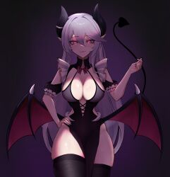 Rule 34 | 1girl, absurdres, ahyra, ara ara, ass, bone, breasts, curvy, demon, demon girl, demon horns, demon tail, demon wings, grey hair, highres, horns, huge ass, indie virtual youtuber, large breasts, lipstick, long hair, looking at viewer, makeup, mature female, non-web source, pointy ears, red eyes, solo, tail, thick thighs, thighhighs, thighs, vampire, virtual youtuber, vozmad, white hair, wings