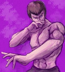 Rule 34 | 1990s (style), 1boy, abs, brown hair, capcom, fei long, fighting stance, looking away, male focus, muscular, purple background, retro artstyle, serious, solo, street fighter, street fighter ii (series), topless male, tsukumo (soar99)