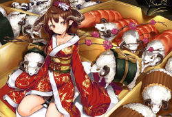 Rule 34 | 1girl, blush, breasts, brown hair, chinese zodiac, female focus, flower, food, hair flower, hair ornament, horns, japanese clothes, kimono, large breasts, long hair, long sleeves, neo-masterpeacer, new year, obi, original, osechi, pointy ears, red eyes, sash, sheep, smile, solo, very long sleeves, white legwear, year of the goat