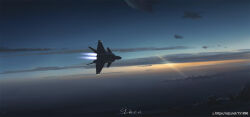 Rule 34 | afterburner, aircraft, airplane, canards, china, chinese commentary, cloud, highres, horizon, j-20, jet, lens flare, military, military vehicle, no humans, original, people&#039;s liberation army, people&#039;s liberation army air force, shouhui lang qun, signature, sun, vehicle focus, watermark