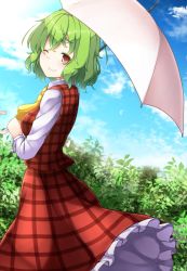 Rule 34 | 1girl, ;), aka tawashi, ascot, blue sky, breasts, bush, cloud, commentary request, day, feet out of frame, green hair, head tilt, highres, holding, holding umbrella, kazami yuuka, long skirt, long sleeves, looking at viewer, looking back, medium breasts, one eye closed, petticoat, plaid, plaid skirt, plaid vest, plant, red eyes, red skirt, red vest, shirt, short hair, skirt, sky, smile, solo, standing, touhou, umbrella, vest, white shirt, wing collar, yellow ascot