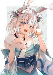 Rule 34 | 1girl, animal ears, blue eyes, blue hair, blunt bangs, detached sleeves, earmuffs, eden (eden871225), gawr gura, gawr gura (new year), hair ornament, hairclip, highres, hololive, hololive english, japanese clothes, kimono, looking at viewer, medium hair, multicolored hair, new year, official alternate costume, open mouth, rabbit ears, sharp teeth, streaked hair, teeth, two side up, virtual youtuber, white hair, wide sleeves