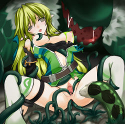 Rule 34 | 1girl, anal, anal object insertion, blonde hair, blood, blush, breasts, clitoris, clothes pull, elsword, female focus, highres, monster, object insertion, open mouth, pussy, rape, rena erindel, saliva, shirt pull, spread legs, spread pussy, tama (tamatamo), tentacles, tongue, uncensored, urethra