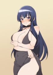 Rule 34 | 1girl, black choker, black dress, blue hair, breast hold, breasts, choker, cleavage, clothes lift, covered navel, dress, dress lift, highres, large breasts, lifted by self, long hair, looking at viewer, purple eyes, simple background, smile, solo, spy kyoushitsu, standing, straight hair, thea (spy kyoushitsu), yghm