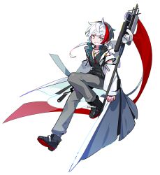 Rule 34 | 1boy, arknights, arm cutout, black footwear, black hair, black jacket, coat, commentary, elysium (arknights), feather hair, flag, flagpole, full body, grey eyes, grey pants, grin, holding, holding flag, jacket, jewelry, knee up, lab coat, looking at viewer, male focus, multicolored hair, necklace, nsi (2312 0120), pants, red hair, simple background, smile, solo, symbol-only commentary, white background, white coat, white hair