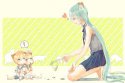 Rule 34 | 1boy, 2girls, animal ears, barefoot, blonde hair, blue eyes, cat, cat ears, cat teaser, closed eyes, green hair, hatsune miku, jam (zamuchi), kagamine len, kagamine rin, long hair, looking at another, multiple girls, open mouth, patterned background, paw print, sailor collar, shorts, simple background, skirt, sleeveless, smile, socks, twintails, very long hair, vocaloid, aged down