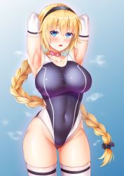 Rule 34 | 1girl, armpits, arms behind head, arms up, black hairband, black scrunchie, blonde hair, blue eyes, blue one-piece swimsuit, blush, braid, braided ponytail, breasts, collar, commentary request, competition swimsuit, covered navel, cowboy shot, elbow gloves, fate/grand order, fate (series), gloves, gluteal fold, hair ornament, hair scrunchie, hairband, heart collar, highleg, highleg swimsuit, highres, jeanne d&#039;arc (fate), jeanne d&#039;arc (ruler) (fate), large breasts, long hair, looking at viewer, low-tied long hair, one-piece swimsuit, open mouth, pink collar, scrunchie, single braid, solo, standing, standing on liquid, swimsuit, taut clothes, taut swimsuit, teeth, thighhighs, upper teeth only, very long hair, white gloves, white thighhighs, yuunagi (0217)