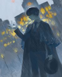 Rule 34 | black cape, black hair, black jacket, black pants, blue necktie, blurry, blurry background, brown eyes, building, cape, chinese commentary, cloud, cloudy sky, commentary request, dark, hand up, hat, highres, holding, holding clothes, holding hat, jacket, ji26725339, klein moretti, lamppost, looking at hand, lord of the mysteries, moon, necktie, night, night sky, pants, rain, red moon, sky, solo, unworn hat, unworn headwear, water drop, holding water, wet, wet clothes, wet hair, window