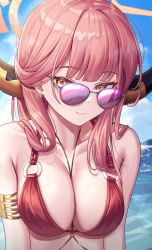 Rule 34 | 1girl, absurdres, aru (blue archive), bikini, bikini top only, blue archive, blue sky, breasts, chisi, cleavage, closed mouth, cloud, collarbone, commentary, day, earrings, halo, highres, horns, jewelry, large breasts, long hair, looking at viewer, mechanical halo, ocean, outdoors, red bikini, sky, smile, solid eyes, summer, sunglasses, swimsuit, uppe
