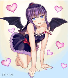 Rule 34 | 1girl, all fours, barefoot, black wings, blue eyes, blunt bangs, blush, breasts, cleavage, collarbone, demon wings, dress, full body, heart, long hair, looking at viewer, medium breasts, nail polish, new game!, off shoulder, open mouth, ponytail, purple dress, purple hair, purple nails, shiny skin, shiroi yuumi, short dress, sleeveless, sleeveless dress, solo, takimoto hifumi, toenail polish, toenails, white background, wings