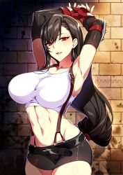 Rule 34 | 1girl, abs, armpits, arms up, belt, black hair, black skirt, blush, breasts, earrings, elbow pads, final fantasy, final fantasy vii, fingerless gloves, gloves, highres, jewelry, large breasts, long hair, looking at viewer, low-tied long hair, midriff, miniskirt, navel, open mouth, pencil skirt, puuzaki puuna, red eyes, red gloves, shirt, skirt, smile, solo, square enix, suspender skirt, suspenders, swept bangs, tank top, taut clothes, taut shirt, thighs, tifa lockhart, white tank top