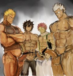 Rule 34 | 4boys, black hair, blonde hair, blush, elfman strauss, erection, fairy tail, gray fullbuster, grin, highres, laxus dreyar, male focus, multiple boys, muscular, natsu dragneel, penis, penis comparison, pink hair, presenting, silver hair, size difference, smile, sweat, tattoo, undressing, waribashi