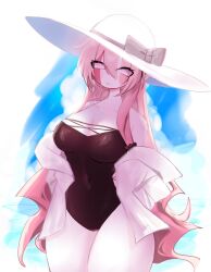 Rule 34 | 1girl, blush, breasts, cleavage, colored skin, friday night funkin&#039;, hat, highres, large breasts, long hair, looking at viewer, multicolored skin, one-piece swimsuit, pink hair, pink skin, sarvente (friday night funkin&#039;), sun hat, swimsuit, swimsuit cover-up, thick thighs, thighs, usa37107692, white eyes, white skin, wide hips
