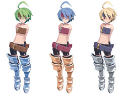 Rule 34 | 3girls, ahoge, alternate color, armor, arms behind back, belt, belt bra, bike shorts, blonde hair, blue eyes, blue hair, boots, brown eyes, character sheet, disgaea, disgaea d2, expressionless, female warrior (disgaea), full body, greaves, green eyes, green hair, harada takehito, headband, lineup, midriff, multiple girls, multiple persona, navel, official art, pointy ears, short hair, standing, thigh boots, thighhighs, variations, warrior (disgaea), white background