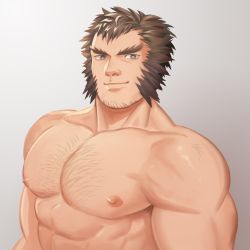 Rule 34 | 1boy, abs, arbbun, bara, character request, chest hair, commentary request, completely nude, copyright request, facial hair, goatee, highres, large pectorals, long sideburns, male focus, mature male, muscular, muscular male, nipples, nude, pectorals, short hair, sideburns, smile, solo, stubble, thick eyebrows, upper body