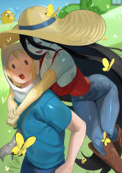 Rule 34 | 1girl, 2boys, absurdres, adventure time, arms around neck, bite mark, bite mark on neck, black hair, blonde hair, blue shirt, blue sky, blurry, blurry background, boots, breasts, bug, butterfly, fang, finn the human, grass, hat, highres, hood, hood up, hug, hug from behind, insect, jake the dog, large breasts, long hair, marceline abadeer, mechanical arms, multiple boys, nia (nia4294), open mouth, outdoors, pants, red shirt, shirt, single mechanical arm, sky, smile, sun hat, tongue, very long hair