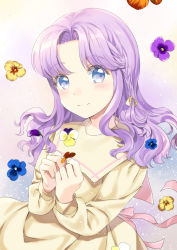 Rule 34 | 1girl, blue eyes, braid, cowboy shot, dress, flower, head tilt, holding, holding flower, leaning to the side, light blush, light particles, long sleeves, looking at viewer, medium hair, multicolored background, original, pansy, parted bangs, purple eyes, purple hair, single braid, smile, solo, unya (unya-unya), yellow dress