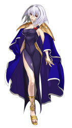 Rule 34 | 1girl, albino, armor, black dress, bracelet, breasts, cape, dress, expressionless, full body, highres, jewelry, legs, long legs, mayura (spectral force), medium breasts, ozaki c, pauldrons, red eyes, sandals, short hair, shoulder armor, side slit, solo, spectral (series), spectral force, thighs, white background, white hair