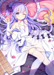 Rule 34 | 1girl, ;), azur lane, bare shoulders, black bow, black ribbon, blush, bow, bow panties, breasts, cameltoe, chuor (chuochuoi), cleavage, closed mouth, commentary request, criss-cross halter, detached sleeves, dress, flight deck, frilled pillow, frills, hair bun, hair ribbon, halterneck, heart, heart-shaped pillow, long hair, long sleeves, looking at viewer, medium breasts, hugging object, one eye closed, one side up, panties, petals, pillow, purple eyes, purple hair, ribbon, see-through, side bun, single hair bun, single side bun, sleeves past wrists, smile, solo, star-shaped pillow, stuffed animal, stuffed pegasus, stuffed toy, stuffed unicorn, stuffed winged unicorn, thighhighs, underwear, unicorn (azur lane), very long hair, white dress, white panties, white thighhighs