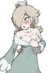 Rule 34 | 1girl, blonde hair, blue eyes, blush, breasts, cleavage, collar tug, collarbone, crown, dress, earrings, hair over one eye, highres, jewelry, long hair, looking to the side, mario (series), medium breasts, nintendo, open mouth, rosalina, solo, super mario galaxy, sweat, toggy keiichi, white background