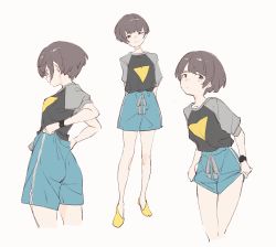 Rule 34 | 1girl, arms behind back, brown eyes, brown hair, closed mouth, collarbone, grey background, highres, multiple views, original, popman3580, shirt tucked in, short hair, simple background, smile, standing, triangle, triangle print, yellow footwear