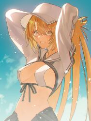 Rule 34 | 1girl, arms behind head, arms up, artoria caster (fate), artoria caster (swimsuit) (fate), artoria caster (swimsuit) (first ascension) (fate), artoria pendragon (fate), baseball cap, bikini, blonde hair, blue sky, blush, breasts, cloud, commentary request, cropped jacket, fate/grand order, fate (series), green eyes, grin, hair between eyes, hat, highres, jacket, long hair, long sleeves, looking at viewer, medium breasts, outdoors, ponytail, shrug (clothing), sky, smile, solo, stomach, swimsuit, totechito tec, very long hair, white bikini, white hat, white jacket