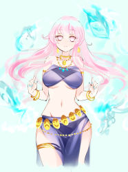 Rule 34 | 1girl, alternate costume, bangle, blue background, blue nails, bracelet, breasts, closed mouth, collarbone, cropped legs, fingernails, fox mask, groin, hata no kokoro, highres, jewelry, large breasts, long hair, mask, nail polish, navel, necklace, pink eyes, pink hair, raptor7, simple background, solo, touhou