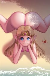 Rule 34 | 1girl, artist name, ass, beach, bikini, blonde hair, blue eyes, blush, breasts, circlet, cleavage, earrings, head rest, highres, huge ass, jewelry, large breasts, long hair, looking at viewer, looking up, nintendo, parted bangs, pink bikini, pointy ears, princess zelda, smile, solo, sparkle, swimsuit, the legend of zelda, the legend of zelda: a link between worlds, thighs, thong, triforce, water, zelc-face