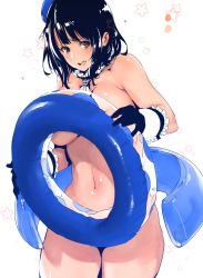 Rule 34 | 10s, 1girl, bad id, bad twitter id, black hair, blush, breasts, female focus, gloves, goshiki suzu, hat, innertube, kantai collection, large breasts, open mouth, red eyes, short hair, simple background, solo, swim ring, takao (kancolle), thighhighs, topless
