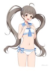 Rule 34 | 1girl, absurdres, ahoge, ascot, bare arms, bare shoulders, bikini, blue ascot, blue bow, blue sailor collar, blunt bangs, blush, bow, bow bikini, breasts, brown eyes, commentary, cowboy shot, dated, grey hair, hair ornament, hakozaki serika, hands on own chest, highres, idolmaster, idolmaster million live!, long hair, looking at viewer, midriff, miso (misomiso 154), navel, open mouth, sailor collar, sailor swimsuit (idolmaster), simple background, small breasts, smile, solo, stomach, swimsuit, twintails, white background, white bikini