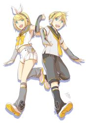 Rule 34 | 1boy, 1girl, arm tattoo, arm warmers, artist name, bass clef, blonde hair, blue eyes, blunt bangs, brother and sister, buttons, commentary request, crossed arms, fortissimo, grey shirt, hair ornament, hair ribbon, hairclip, headphones, ichi ka, kagamine len, kagamine len (vocaloid4), kagamine rin, kagamine rin (vocaloid4), leg warmers, looking at viewer, midriff, navel, necktie, pleated skirt, ribbon, sailor collar, screen, shirt, shoes, short hair, shorts, siblings, signature, skirt, sleeveless, sleeveless shirt, smile, sneakers, speaker, tattoo, treble clef, twins, v4x, vocaloid, white background, white skirt