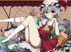 Rule 34 | 1girl, animal ears, blush, cosplay, cyokoko, female focus, flandre scarlet, flandre scarlet (cosplay), furby, grey hair, hair ornament, hat, makael, mouse ears, mouse tail, nazrin, pillow, red eyes, short hair, smile, solo, tail, touhou
