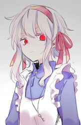 Rule 34 | 1girl, apron, blue dress, closed mouth, collared dress, colored eyelashes, commentary, double-parted bangs, dress, empty eyes, frilled apron, frills, gradient background, grey background, grey hair, hairband, jewelry, kagerou project, key, key necklace, kozakura marry, kyokutsuki, looking at viewer, mandarin collar, necklace, pink hairband, pink ribbon, red eyes, ribbon, short hair, sidelocks, solo, upper body, white apron, white background